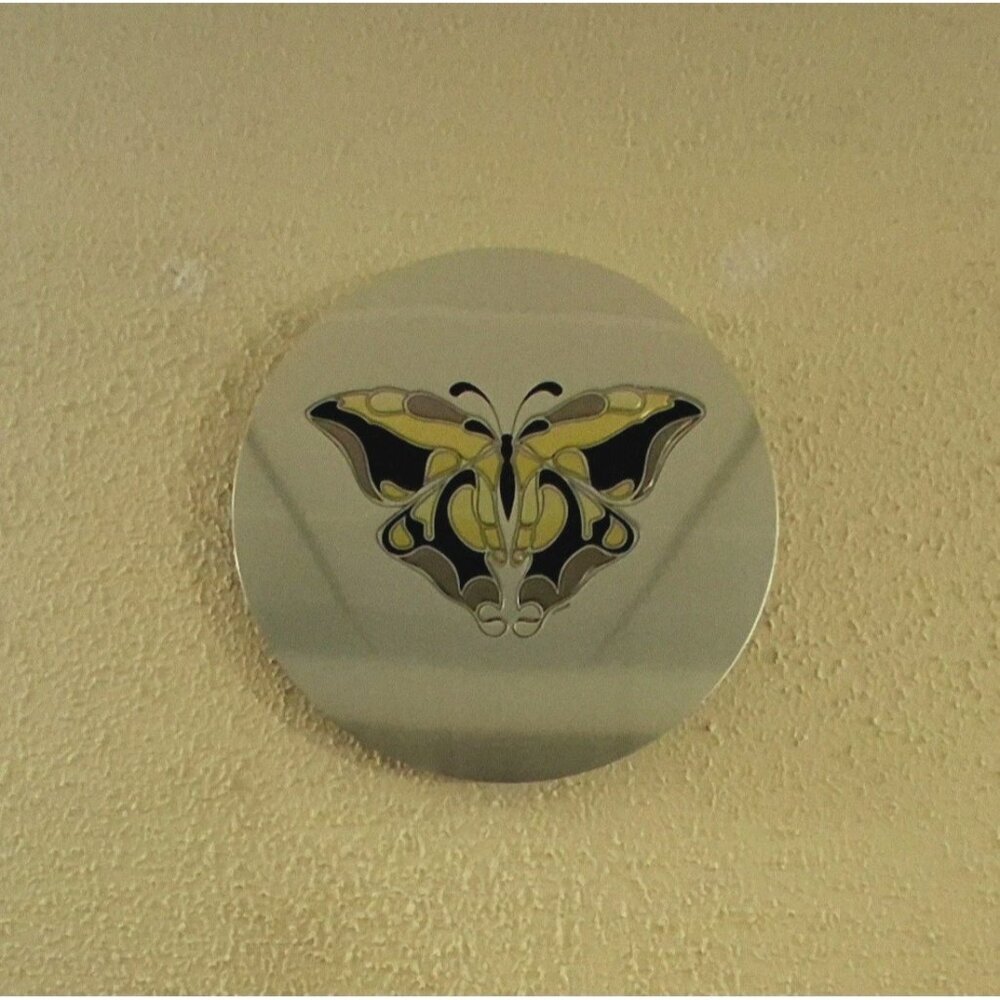 Butterfly Metal Wall Art Decor Black Yellow Silver Round 8 Inch Vintage 1970s